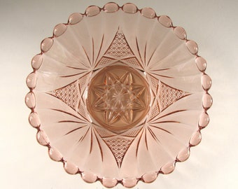 Vintage 1930s Pink Glass Bowl, Art Nouveau-Deco Star Diamond Pattern, Bobbled Edge, Dia 9 1/2 inches