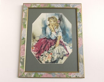Framed Vintage Art Print of Young Woman with Flowers, c 1970s 1980s, 16 1/8 x 13 1/8 inches max