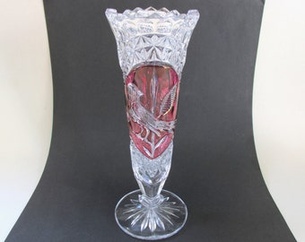 Vintage Glass Vase by Hofbauer, Byrdes (Birds), H 8 6/10", German Lead Crystal, Purple and Clear
