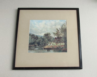 Antique Landscape Art Print, White Horse at Riverside, in Frame Sized 13 3/4 x 13 3/8 in