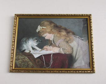 The Artist's Assistant (detail) by Marie Sophie Goerlich (1800s) Vintage Framed Art Print of Girl and Cat, 14 x 10   1/4 inches max