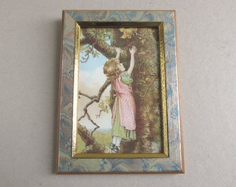 Girl Climbing Apple Tree by P F Sunman, Small Vintage Art Print, Victorian Edwardian Style, in Frame Sized 7 3/10 x 5 1/4 in, small defect