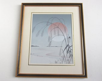 Vintage Oil Painting of Minimalist Landscape with Reeds and Sun c 1980s, Signed Hanenty, in Frame Sized 14 8/10 x 12 3/4 ins