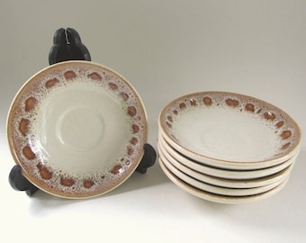 Set of 6 Vintage Dripglaze Pottery Saucers, Beige Brown, c 1980s, Fosters (unmarked),  Dia 13.9cm, 5 1/2"