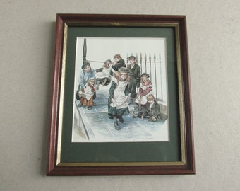 Hopscotch by Ronald Embleton Dickins Series, Vintage Framed Mini Art Print of Victorian Children, 6 3/4 x 5 3/4 inches max