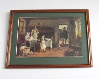 The Foreign Guest by Frederick Daniel Hardy (b 1826) Vintage Art Print in Wooden Frame Sized 12 3/8 x 9 ins, Rustic Kitchen Family & Monkey