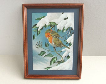 Two Robins by Basil Ede (Snowy Sanctuary 1970s), Vintage Bird Art Print in Wooden Frame Sized 11 1/8 x 8 7/10 ins