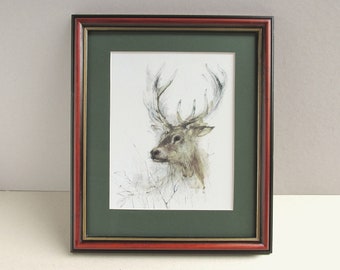 Stag by Mads Stage, Vintage Wildlife Art Print in Wooden Frame Sized 13 6/10 x 11 6/10 inches, frame marks