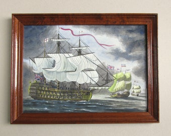 Vintage Watercolour Painting of Galleon Battleships at Sea in Wooden Frame Sized 15 1/2 x 11 5/8 inches, unsigned