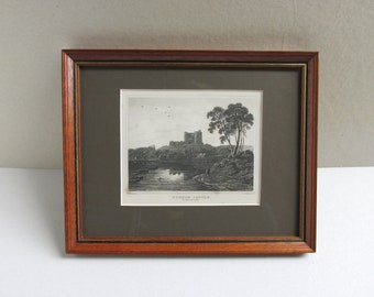Antique Northumberland Norham Castle Engraving Print, Small Landscape Artwork in Wooden Frame Sized 9 8/10 x 7 9/10 inches