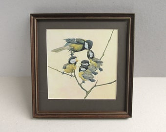 Great Tit Feeding Young by Kenneth Lilly, Vintage Bird Art Print in Wooden Frame Sized 9 8/10 x 9 6/10 ins, defects