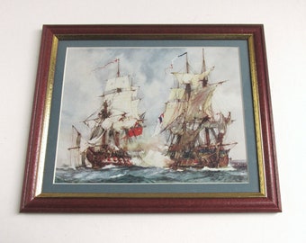 Antique Battleship Art Print Framed, Capture of Reunion by Crescent 1793 by Charles Dixon (b 1872) 11 1/2 x 9 1/2 ins incl frame