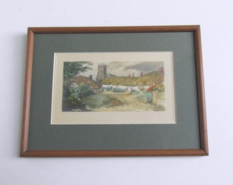 Antique Godshill Isle of Wight Hand Coloured Engraving Print (Photogravure?) by C Russell, in Frame Sized 9 9/10 x 7 3/10 ins