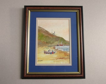 Vintage Beach Watercolour Painting, Sea Boats People Lighthouse by A Saunders, Small Artwork in Frame Size 11 1/2 x 9 1/2 in