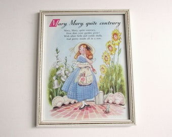 Mary Mary Quite Contrary Nursery Rhyme & Illustration by Hilda Boswell (b 1903) Vintage Art Print in Frame Sized 10 7/10 x 8 7/10 in