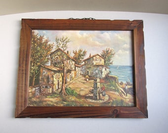 Vintage Coastal Village Art Print c 1950s in Wooden Frame Sized 17 7/8 x 14 inches, unsigned, frame wear