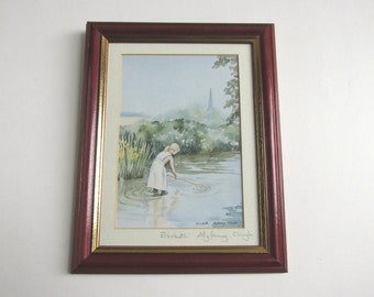 Girl Fishing in River or Pond by Elizabeth Myfanwy Clough, Vintage Small Art Print, Artist Signed, in Wooden Frame Sized 9 4/10 x 7 4/10 ins