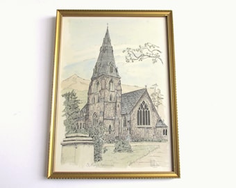 Lake District Church Painting on a Print, Ambleside St Mary's, Signed Peter Andrew, Vintage Framed Art, 12 1/4 x 8 7/8 ins max (frame wear)