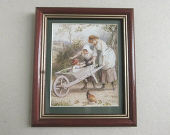 The Ride by Myles Birket Foster (b 1825) Small Vintage Art Print Framed, Victorian Children in Garden, 7 1/10 x 6 ins incl frame