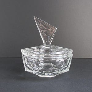 Vintage Art Deco Clear Glass Trinket Bowl with Lid, 1930s Glassware, Bold Geometric Shape