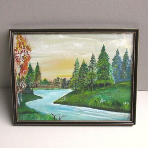 Peinture originale vintage - Arbres de paysage de rivière, style folklorique naïf des années 1970, signée, dans un cadre de 14 x 10 8/10 pouces