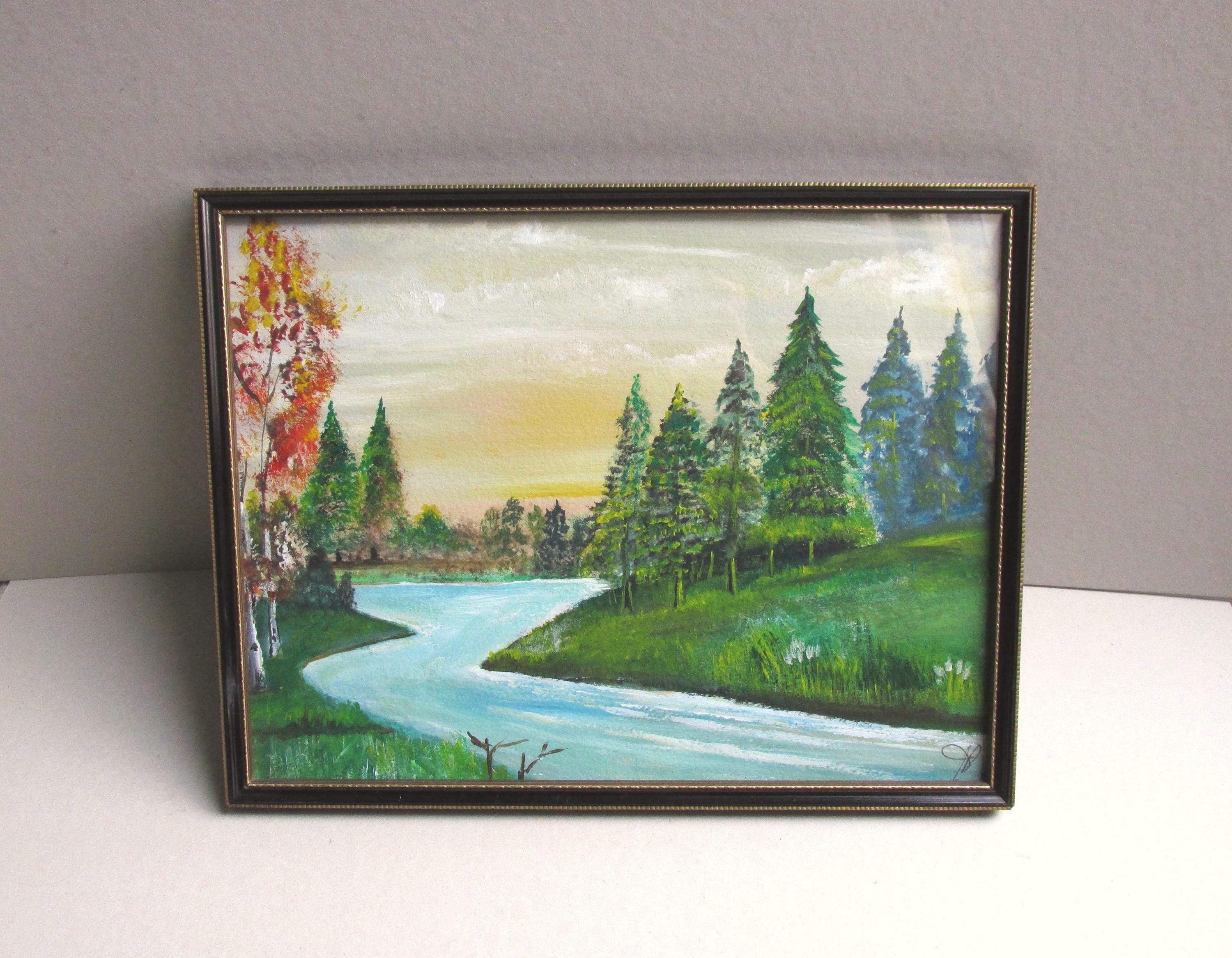 ヴィンテージオリジナル絵画 - 川の風景と木々、素朴なフォーク