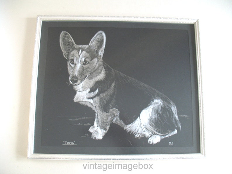 Vintage Corgi Dog Engraving Framed Picture Silver Black Etsy