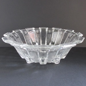 May include: A clear glass bowl with a starburst design. The bowl has a scalloped rim and a geometric pattern on the sides. The bowl is likely vintage and is suitable for serving or display.