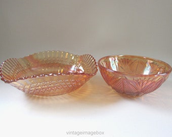 2 x Antique/Vintage Carnival Glass Bowls, Iridescent Orange, c 1930s-1950s, Dia 12.6cm and 16.9cm