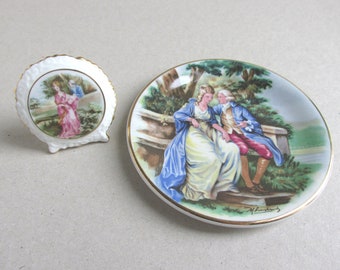 2 x Vintage Ceramic Ornaments of Regency Courting Couples, Pin Dish (Harry Hancock) & Miniature Standing Picture (Coalport)