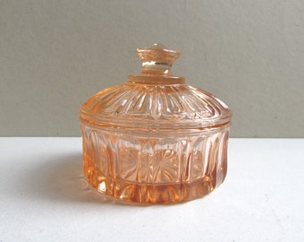 Vintage 1930s Peach Glass Trinket Jar with Lid, Pressed Pattern Coloured Glassware, H 3 1/2 inches max