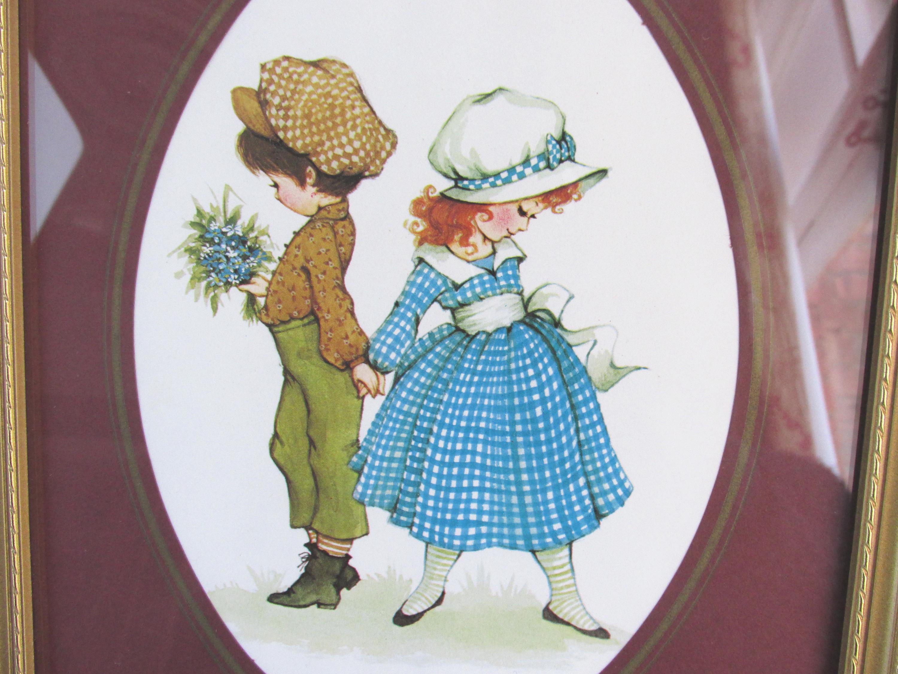 子供の絵画(プリント)　ヴィンテージ 1970年代の額入りヴィンテージプリント、花を持つ少女と少年、額入りの