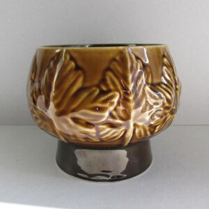 May include: A brown ceramic planter with a raised floral design. The planter has a wide, round opening and a short, sturdy base.