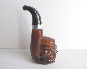 Vintage Avon Aftershave Bottle (Empty), Pipe Shape with Ugly Face and Hat, Brown Glass, Island Lime Label