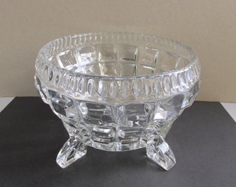 Vintage Heavy Glass Bowl with Feet, Chunky Pressed Pattern, Clear, c 1930s-1950s,  H 5 1/10 ins max