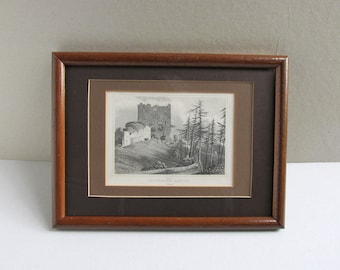Antique Guildford Castle Surrey Engraving Print, Small Artwork of Keep & Landscape in Wooden Frame Sized 10 1/10 x 7 6/10 inches