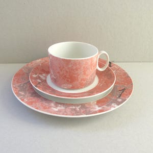 May include: A three-piece tea set with a coral and grey marbled design. The set includes a teacup, saucer, and a larger plate. The teacup and saucer are stacked on the plate. The set is made of ceramic and is suitable for serving tea.