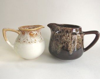 Set of 2 Vintage Dripglaze Pottery Jugs, Brown Beige, 1970s 1980s, Fosters and Unmarked, H 10.5cm and 9.7cm max