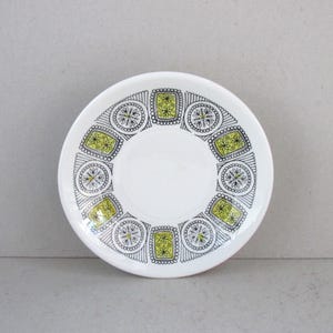 May include: White ceramic plate with a decorative border featuring a repeating pattern of green and black geometric shapes. The plate has a circular design with a plain white center. The plate is likely for serving food.