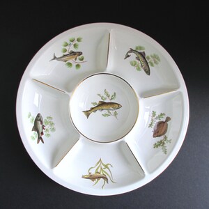 Vintage Pottery Serving Dish: Fish Motifs and Multi Sections by F/F Figgjo Flint Norway, Dia 10 8/10 inches
