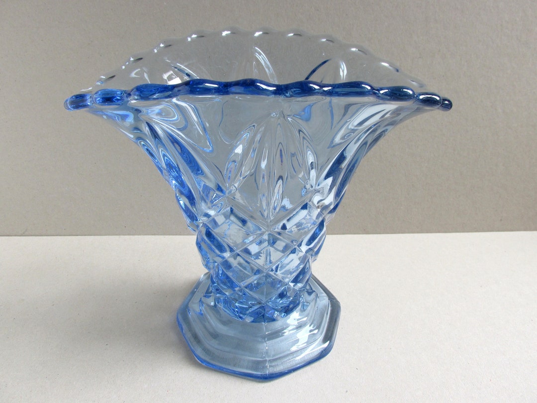 Vintage Heavy Glass Vase Pale Blue Diamond Pattern and Etsy
