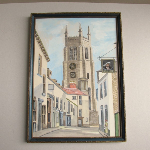 Vintage Watercolour Painting Old Town Street Scene with Church Tower, Kings Head Pub Sign, Unsigned c 1950s, Frame Size 14 3/4 x 10 3/4 ins