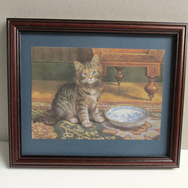 The Silent Miaouw by William Hepple (b 1854) Vintage Framed Art Print of Kitten with Empty Bowl, 10 x 8 4/10 inches max