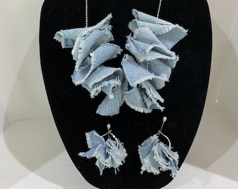 denim necklace,distressed denim,upcycled necklace,custom earrings,fringe necklace,fringe earrings,denim earrings