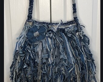 【BLACKPURPLE】25SS★ Denim Fringe Shoulder Bag Multi Patch Shoulder Bag, Vegan Leather with Denim Look, Cat