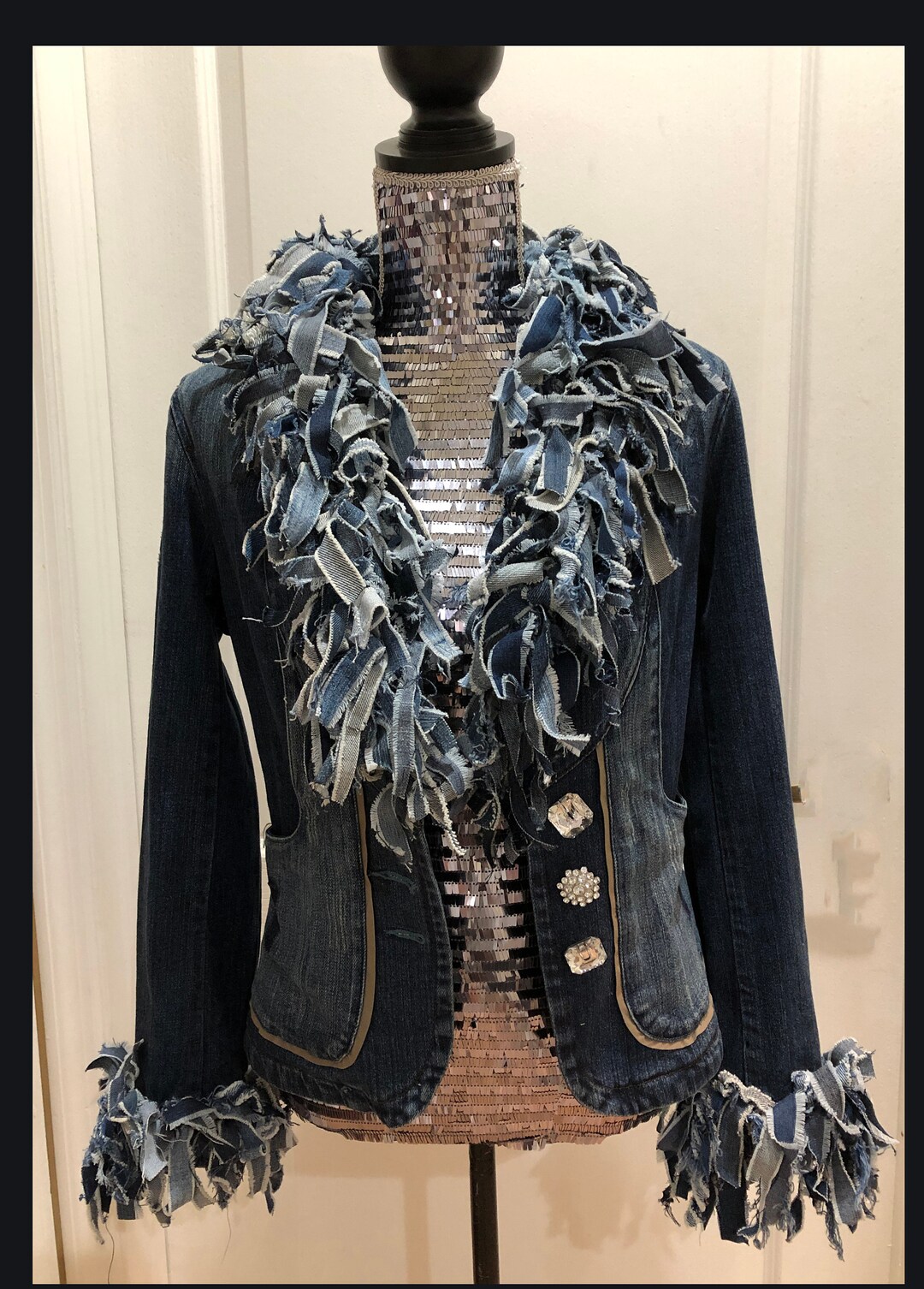 Fringe Jean Jacket,denim Fringe Blazer,denim Collar,unique Fringe