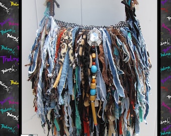 Hippie Fringe bag,Fringe Rhinestone ,Fringe beaded Bag,fabric fringe bag,Denim Purse,boho purse,Beaded tote,unique,handmade