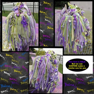 May include: A purple, green, and white fabric handbag with a fringe design. The bag is decorated with beads and a peace sign charm. The text "This item is SOLD But we can CUSTOM make a similar one for you." is written on a black chalkboard.