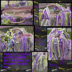 May include: A pink fabric handbag with a long fringe of purple, green, and white fabric. The bag has a gold handle and is decorated with rhinestones. The text "Thelma Lu's Creations are ONE of a KIND But a Similar one can be custom made for you..." is written on a chalkboard background.