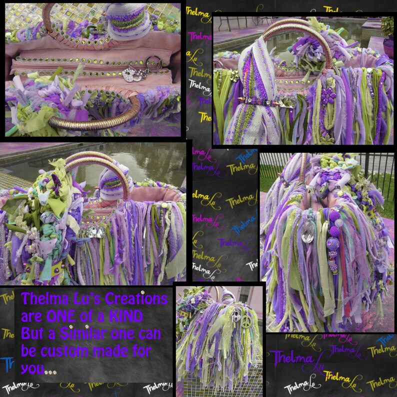May include: A pink fabric handbag with a long fringe of purple, green, and white fabric. The bag has a gold handle and is decorated with rhinestones. The text "Thelma Lu's Creations are ONE of a KIND But a Similar one can be custom made for you..." is written on a chalkboard background.